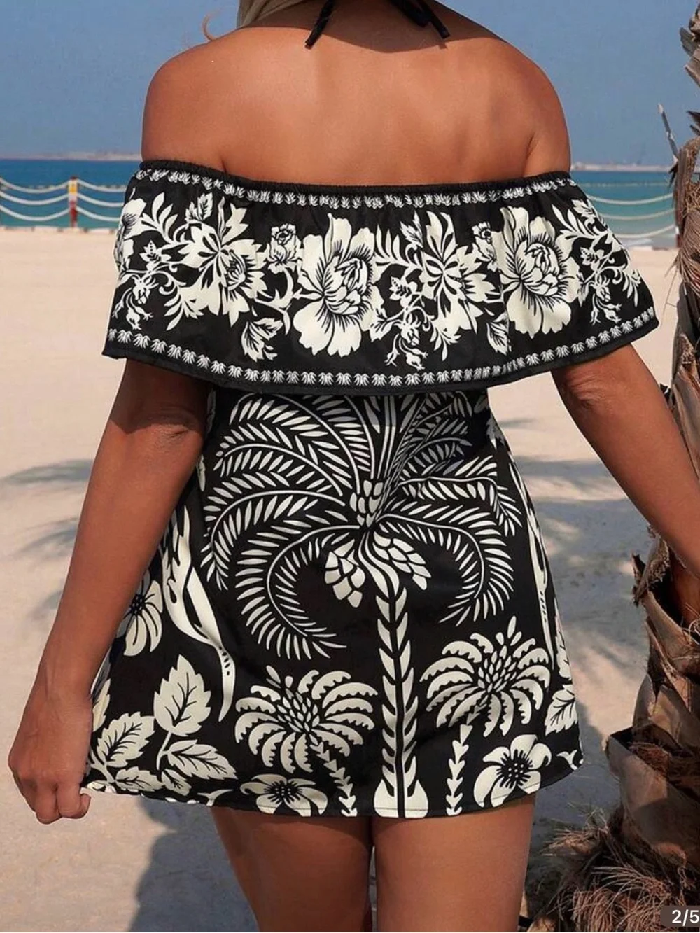 NEW Off-Shoulder Black & White Tropical Swim Cover-Up Dress